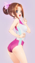 Rule 34 | 1girl, :o, ass, black eyes, bow, breasts, brown hair, cowboy shot, from side, hair bow, hair intakes, hair ornament, highres, looking at viewer, looking to the side, medium breasts, one-piece swimsuit, open mouth, pink bow, pink one-piece swimsuit, sachi (yu-gi-oh!), short hair, simple background, solo, swimsuit, teeth, upper teeth only, wacchi, yu-gi-oh!, yu-gi-oh! zexal, yuu-gi-ou, yuu-gi-ou zexal
