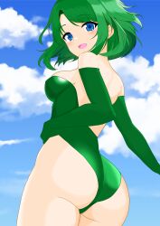 Rule 34 | 1girl, absurdres, aged up, ass, blue eyes, blush, breasts, cloud, elbow gloves, final fantasy, final fantasy iv, gloves, green hair, green leotard, highleg, highleg leotard, highres, leotard, long hair, looking at viewer, open mouth, rydia (ff4), smile, solo, square enix, yuuyuu (3jjbn)