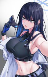 1girl absurdres armpits bare_shoulders belt black_hair black_shirt blue_archive blue_eyes blue_hair breasts colored_inner_hair crop_top elze_(s01047480836) frown glint grey_eyes halo highres holding holding_mask jacket large_breasts long_hair looking_to_the_side mask unworn_mask midriff multicolored_hair navel off_shoulder open_clothes open_jacket open_mouth outstretched_arm saori_(blue_archive) selfie shirt sleeveless sleeveless_shirt solo stomach strap taut_clothes taut_shirt two-tone_hair upper_body white_jacket