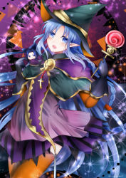 Rule 34 | 1girl, :o, akikame reina, alternate costume, blue eyes, blue hair, blush, candy, capelet, character doll, commentary request, cross, dress, fate/grand order, fate/stay night, fate (series), food, halloween costume, hat, lollipop, long hair, looking at viewer, medea (fate), orange thighhighs, pointy ears, purple dress, sasaki kojirou (fate), solo, thighhighs, very long hair, witch hat