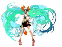 Rule 34 | 1girl, ankle lace-up, bad id, bad pixiv id, blue hair, center opening, cross-laced footwear, gradient hair, green hair, groin, hand on own hip, hatsune miku, highres, kansou samehada, long hair, looking at viewer, midriff, multicolored hair, nail polish, necktie, sandals, skirt, smile, solo, standing, sunglasses, very long hair, vocaloid
