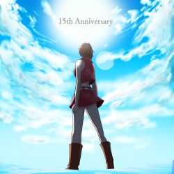 Rule 34 | 1girl, anniversary, backlighting, bare shoulders, belt, blue sky, boots, brown hair, cloud, cloudy sky, commentary, crop top, d.g, from behind, from below, full body, lens flare, meiko (vocaloid), midriff, miniskirt, red footwear, red shirt, red skirt, shirt, short hair, skirt, sky, sleeveless, sleeveless shirt, solo, standing, vocaloid