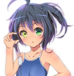 Rule 34 | 10s, 1girl, ahoge, bad id, bad pixiv id, bare shoulders, black hair, blush, chestnut mouth, chuunibyou demo koi ga shitai!, collarbone, competition school swimsuit, eyepatch, unworn eyepatch, female focus, green eyes, heterochromia, highres, holding, looking at viewer, one-piece swimsuit, one side up, school swimsuit, short hair, side ponytail, simple background, solo, swimsuit, takanashi rikka, upper body, velia, white background, yellow eyes