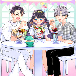Rule 34 | 1girl, 2boys, black hair, black pants, blue eyes, blunt bangs, blush, bright pupils, brother and sister, brothers, chair, cherry, closed eyes, closed mouth, collared shirt, commentary, delicious party precure, dress, feeding, food, frown, fruit, glaring, grey dress, grey hair, grey shirt, hair ornament, half-closed eyes, holding, holding spoon, ice cream, indoors, kasai amane, kasai mitsuki, kasai yuan, lemon, lemon slice, long hair, melon, melon slice, mole, mole under eye, multiple boys, off-shoulder shirt, off shoulder, orange (fruit), orange slice, pants, parfait, parfait recipipi, plaid, plaid dress, plaid shirt, pocky, precure, recipipi, shirt, short hair, siblings, spoon, strawberry, string, string of fate, t-shirt, table, ton (ton39342104), wavy mouth, white pants, white pupils, white shirt, window