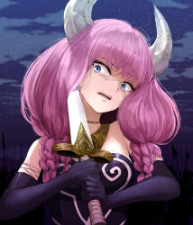 Rule 34 | 1girl, absurdres, aura (sousou no frieren), bare shoulders, black gloves, blue eyes, body control, braid, cloud, commentary request, crying, crying with eyes open, demon girl, demon horns, despair, elbow gloves, frown, furrowed brow, gloves, gold necklace, highres, holding, holding sword, holding weapon, horns, imminent suicide, jewelry, kusaba eru (happy crystal), long hair, looking to the side, necklace, night, night sky, open mouth, outdoors, people, pink hair, polearm, silhouette, sky, solo, sousou no frieren, spear, spoilers, star (sky), starry sky, surprised, sword, sword to throat, tears, upper body, weapon