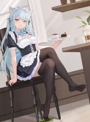 Rule 34 | 1girl, absurdres, animal ear fluff, animal ears, bang dream!, bang dream! it&#039;s mygo!!!!!, black thighhighs, blue hair, blue ribbon, blush, breasts, cake, cake slice, cat ears, chinese commentary, cleavage, commentary request, corset, crossed legs, detached collar, disgust, food, highres, holding, holding tray, indoors, legs, light blue hair, looking at viewer, maid, maid headdress, medium breasts, neck ribbon, no shoes, on chair, puffy short sleeves, puffy sleeves, ribbon, short sleeves, sitting, soles, solo, thighhighs, togawa sakiko, tray, twintails, xiongji z z, yellow eyes
