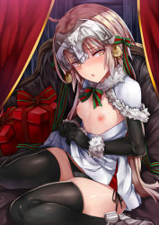 Rule 34 | 1girl, :o, bell, black gloves, black panties, black thighhighs, blonde hair, blush, bow, bowtie, box, breasts, breasts out, capelet, clothes lift, couch, curtains, dress, dress lift, elbow gloves, fai, fate/grand order, fate (series), fur-trimmed gloves, fur trim, gift, gift box, gloves, hair bow, head tilt, headpiece, highres, jeanne d&#039;arc (fate), jeanne d&#039;arc alter (fate), jeanne d&#039;arc alter santa lily (fate), lifted by self, long hair, looking at viewer, multicolored bowtie, nipples, on couch, open mouth, panties, sitting, small breasts, solo, striped bow, striped bowtie, striped clothes, striped neckwear, thighhighs, underwear, very long hair, wariza, white dress, yellow eyes