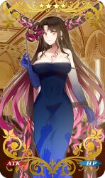 1girl artist_collaboration bare_shoulders battyandcatty black_horns black_shawl blue_dress blue_skin breasts card_(medium) card_parody chest_tattoo chocojax cleavage colored_skin commentary covered_navel craft_essence_(fate) dress earrings english_commentary facial_mark fate/grand_order fate_(series) feet_out_of_frame forehead_mark gem gradient_clothes gradient_dress gradient_hair gradient_skin handprint highres holding holding_mask horns jewelry large_breasts long_hair looking_at_viewer mask masquerade_mask multicolored_hair multicolored_horns off-shoulder_dress off_shoulder parted_bangs pearl_(gemstone) pearl_earrings pink_hair pink_horns print_dress sessyoin_kiara shawl sidelocks solo star_(symbol) tattoo two-tone_horns very_long_hair yellow_eyes