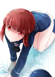 Rule 34 | 10s, 1girl, :&lt;, all fours, ass, comah, hat, unworn hat, unworn headwear, kantai collection, long sleeves, looking at viewer, military, military uniform, neckerchief, no headwear, panties, red eyes, red hair, sailor collar, sailor hat, short hair, sidelocks, simple background, solo, underwear, uniform, white background, white panties, z3 max schultz (kancolle)