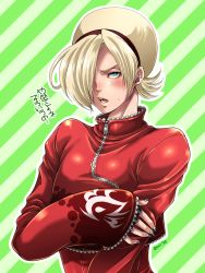 Rule 34 | 1boy, androgynous, ash crimson, blonde hair, blue eyes, blush, hair over one eye, hairband, highres, jacket, male focus, miru (mill 36), open mouth, snk, solo, the king of fighters, zipper