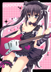 Rule 34 | 1girl, animal ears, bad id, bad pixiv id, black hair, blue eyes, blush, breasts, bridal garter, cat ears, guitar, heart, herurun, instrument, k-on!, long hair, nakano azusa, panties, small breasts, smile, solo, striped clothes, striped panties, twintails, underwear