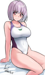 Rule 34 | 1girl, arm support, bare shoulders, bed sheet, breasts, closed mouth, competition swimsuit, covered navel, gridman universe, highleg, highleg swimsuit, highres, large breasts, light blush, looking at viewer, one-piece swimsuit, purple eyes, purple hair, shinjou akane, short hair, signature, simple background, sitting, smile, solo, ssss.gridman, swimsuit, thighs, twitter username, white background, white one-piece swimsuit, yoo tenchi