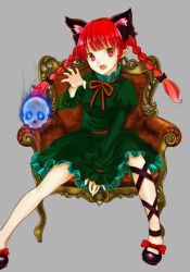 Rule 34 | 1girl, animal ears, bogyaku no m, bow, braid, cat ears, chair, dress, extra ears, fang, green dress, grey background, hair bow, hair ornament, hair ribbon, kaenbyou rin, leg ribbon, long hair, long sleeves, looking at viewer, mary janes, open mouth, pointy ears, puffy sleeves, red eyes, red hair, ribbon, sash, shoes, simple background, sitting, skull, solo, touhou, twin braids