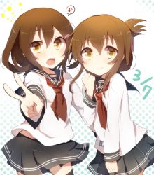 Rule 34 | 10s, 2girls, anchor symbol, black skirt, brown eyes, brown hair, closed mouth, fang, folded ponytail, hair between eyes, harusawa, ikazuchi (kancolle), inazuma (kancolle), kantai collection, long sleeves, multiple girls, neckerchief, open mouth, pleated skirt, red neckerchief, school uniform, serafuku, short hair, skirt, smile, thighhighs, v
