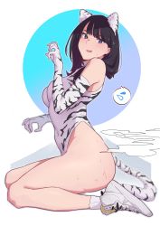 Rule 34 | 1girl, absurdres, alternate costume, animal ears, animal print, ass, bare shoulders, black hair, blue eyes, breasts, elbow gloves, fake animal ears, fake tail, fang, gloves, gridman universe, happy new year, highres, kagto (alterna), leotard, looking at viewer, medium breasts, medium hair, new year, nike (company), shoes, simple background, skin fang, sneakers, solo, ssss.gridman, sweat, tail, takarada rikka, thighs, tiger ears, tiger print, white background