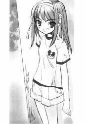 Rule 34 | 00s, 1girl, flat chest, greyscale, highres, ito noizi, monochrome, official art, solo, suzumiya haruhi, suzumiya haruhi (young), suzumiya haruhi no yuuutsu