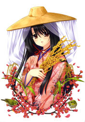 Rule 34 | 1girl, absurdres, akita komachi (rice), bird, cherry blossoms, hat, highres, japanese clothes, kimono, nishimata aoi, solo, straw hat, upper body, veil, wheat