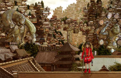 Rule 34 | 1girl, architecture, brown hair, city, cityscape, east asian architecture, fuujin (mythology), hat, japanese clothes, katou fumitaka, long hair, looking at viewer, original, raijin (mythology), staff, statue, tabi, tower, traditional clothes, tree, twintails