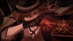 Rule 34 | 1boy, black coat, black gloves, black hat, blue eyes, bolo tie, bullet, bungou stray dogs, coat, era pippi, gloves, grey vest, hat, highres, holding, holding bullet, looking at viewer, male focus, nakahara chuuya (bungou stray dogs), orange hair, sleeves rolled up, solo, vest