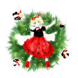 Rule 34 | 1girl, back bow, black shirt, blonde hair, blue eyes, bobby socks, bow, bow choker, choker, closed mouth, fairy, flower, full body, hair ribbon, lily of the valley, medicine melancholy, medinki, official style, outstretched arm, puffy short sleeves, puffy sleeves, red bow, red choker, red footwear, red ribbon, red skirt, ribbon, shirt, shoes, short hair, short sleeves, skirt, smile, socks, touhou, white bow, white socks, zun (style)