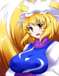 Rule 34 | 1girl, blonde hair, blush, breasts, female focus, fox tail, hat, large breasts, looking at viewer, multiple tails, short hair, simple background, solo, tail, touhou, white background, yakumo ran, yellow eyes, zefyu