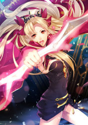 Rule 34 | 1girl, black leotard, blonde hair, bow, breasts, cape, cowboy shot, diadem, earrings, ereshkigal (fate), fate/grand order, fate (series), floating hair, hair bow, holding, holding weapon, jewelry, leotard, long hair, looking at viewer, medium breasts, nail polish, open mouth, petals, purple nails, red bow, red cape, red eyes, romuni, solo, twintails, very long hair, weapon