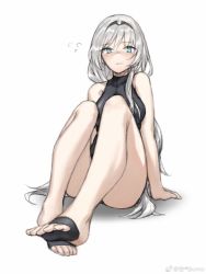 Rule 34 | 1girl, an-94 (girls&#039; frontline), arm at side, artist request, bare legs, black one-piece swimsuit, blue eyes, blush, breasts, feet, flying sweatdrops, full body, girls&#039; frontline, hair over shoulder, hairband, highres, long hair, looking at viewer, medium breasts, no shoes, one-piece swimsuit, silver hair, sitting, sketch, solo, swimsuit, toeless legwear, toes, very long hair, weibo watermark