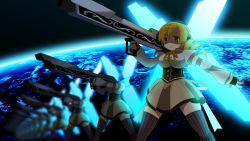 Rule 34 | 1girl, after war gundam x, blonde hair, cannon, corset, detached sleeves, drill hair, fingerless gloves, gloves, gundam, gundam x, hair ornament, hat, headless, kuro chairo no neko, mahou shoujo madoka magica, mahou shoujo madoka magica (anime), mami mogu mogu, multiple persona, neck ribbon, parody, pinstripe pattern, planet, ribbon, skirt, solo, space, striped clothes, striped thighhighs, thighhighs, tomoe mami, twin drills, twintails, vertical-striped clothes, vertical-striped thighhighs, yellow eyes