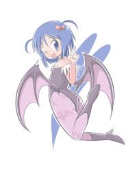 Rule 34 | 1girl, ;d, animal print, bare shoulders, bat print, blue eyes, blue hair, bow, cosplay, demon girl, demon wings, fang, flat chest, hair bow, high heels, leg up, leotard, looking at viewer, lotte no omocha!, matching hair/eyes, morrigan aensland, morrigan aensland (cosplay), one eye closed, open mouth, pantyhose, print pantyhose, purple pantyhose, robojanai, short hair, simple background, smile, solo, touhara asuha, trait connection, two side up, v, vampire (game), white background, wings