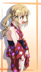 Rule 34 | 1girl, absurdres, bang dream!, blonde hair, breasts, hair ornament, highres, ichigaya arisa, japanese clothes, kimono, long hair, oekakiism, open mouth, sideboob, simple background, sleeveless, solo, twintails, x hair ornament, yellow eyes