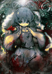 Rule 34 | 1girl, blood, blood on face, blood splatter, blood on clothes, blue eyes, blue hair, english text, female focus, hair ornament, hair rings, hair stick, kaku seiga, koohee, matching hair/eyes, outstretched arm, shawl, short hair, smile, smirk, solo, touhou