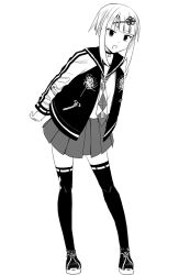 Rule 34 | 1girl, :o, fang, full body, greyscale, jacket, leaning forward, letterman jacket, long sleeves, looking at viewer, monochrome, necktie, okiru, open clothes, open jacket, open mouth, original, pleated skirt, puffy long sleeves, puffy sleeves, ribbon-trimmed legwear, ribbon trim, sailor collar, school uniform, serafuku, shirt, shoes, sidelocks, simple background, skirt, sleeves past wrists, solo, standing, thighhighs, white background