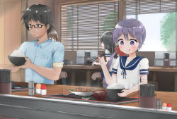 Rule 34 | &gt;:), 10s, 1boy, 3girls, :d, :q, akebono (kancolle), bell, black eyes, black hair, black socks, window blinds, blurry, bowl, brown eyes, brown hair, canteen, chair, chopsticks, collared shirt, commentary request, contemporary, counter, cup, depth of field, drinking glass, flower, food, glasses, hair bell, hair flower, hair ornament, highres, holding, holding bowl, indoors, jingle bell, kantai collection, kneehighs, licking lips, long hair, miso soup, multiple girls, open mouth, pleated skirt, purple eyes, purple hair, racchi., restaurant, rice, rice bowl, school uniform, semi-rimless eyewear, serafuku, shirt, side ponytail, sitting, skirt, smile, socks, solo focus, table, tongue, tongue out, tray, under-rim eyewear, v-shaped eyebrows, water, white shirt, window