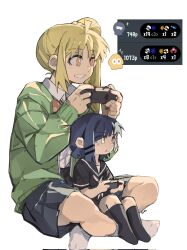 Rule 34 | 2girls, aged down, ahoge, black sailor collar, black serafuku, black shirt, black skirt, black socks, blonde hair, blue hair, bocchi the rock!, bright pupils, candy, collared shirt, commentary, controller, corrupted twitter file, english commentary, food, food in mouth, game controller, green jacket, grin, hair ornament, hairclip, highres, holding, holding controller, holding game controller, ijichi nijika, jacket, lollipop, long hair, multiple girls, nintendo, open mouth, orange eyes, sailor collar, school uniform, serafuku, shirt, side ponytail, simple background, skirt, smile, socks, splatoon (series), white background, white pupils, white shirt, yamada ryo, yanlingjinshilihuahua, yellow eyes