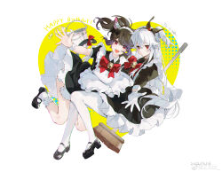 Rule 34 | 2girls, absurdres, animal ear fluff, animal ears, apron, bell, black dress, black footwear, black hair, blush, bow, bowtie, broom, chinese commentary, closed mouth, dress, frilled apron, frilled dress, frilled socks, frills, gloves, hair bow, hairband, happy birthday, highres, long hair, looking at viewer, maid, multiple girls, neck bell, open mouth, original, outstretched arm, outstretched hand, panties, red bow, red bowtie, red eyes, sidelocks, socks, two-tone dress, underwear, weibo logo, weibo watermark, white background, white gloves, white hair, white panties, wrist cuffs, z3zz4