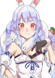 Rule 34 | 1girl, :3, animal ears, black gloves, blue hair, braid, breasts, carrot hair ornament, detached sleeves, don-chan (usada pekora), eyebrows hidden by hair, food-themed hair ornament, fur-trimmed gloves, fur trim, gloves, hair ornament, hand on own hip, highres, hololive, inamimi (sheep1733), multicolored hair, orange eyes, puffy short sleeves, puffy sleeves, rabbit-shaped pupils, rabbit ears, rabbit girl, short sleeves, sidelocks, small breasts, solo, symbol-shaped pupils, thick eyebrows, twin braids, two-tone hair, upper body, usada pekora, usada pekora (1st costume), virtual youtuber, white hair