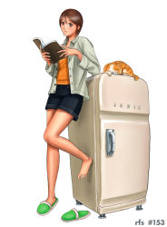 Rule 34 | book, brown eyes, brown hair, cat, feet, full body, legs, original, pinup (style), refrigerator, ryu (ryu&#039;s form site), short hair, shorts, slippers, solo