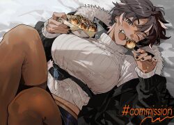 Rule 34 | 1girl, black hair, black jacket, black nails, black skirt, bon (vtuber), breasts, commission, dark-skinned female, dark skin, earrings, eating, fanny pack, fish ornament, food, fur-trimmed jacket, fur trim, grey eyes, holding, holding food, indie virtual youtuber, jacket, jewelry, large breasts, lying, odagorom, on back, one eye closed, open clothes, open jacket, open mouth, pantyhose, pencil skirt, ribbed sweater, short hair, skirt, solo, sweater, takoyaki, teeth, thighband pantyhose, turtleneck, turtleneck sweater, upper teeth only, virtual youtuber, white sweater