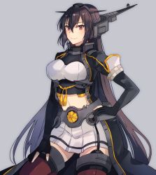 Rule 34 | 1girl, black coat, black gloves, black hair, closed mouth, coat, collarbone, elbow gloves, gloves, grey background, hair between eyes, hand on own hip, headgear, highres, kantai collection, kasumi (skchkko), long coat, long hair, nagato (kancolle), nagato kai ni (kancolle), partially fingerless gloves, pleated skirt, red eyes, red thighhighs, simple background, skirt, smile, solo, thighhighs, white skirt