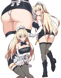 Rule 34 | 1girl, apron, ass, back bow, bad id, bad twitter id, bare shoulders, black bow, black dress, black footwear, black neckwear, black thighhighs, blonde hair, boots, bow, bowtie, braid, breast hold, breasts, brown eyes, collarbone, commentary request, cropped legs, detached collar, dress, elbow gloves, fishnet thighhighs, fishnets, frilled apron, frills, from behind, full body, gloves, knee boots, large breasts, leg up, long hair, looking at viewer, looking back, maid, maid headdress, multiple views, original, panties, saitou masatsugu, short dress, sideboob, simple background, sitting, skindentation, standing, standing on one leg, strapless, strapless dress, thighhighs, underwear, very long hair, waist apron, white apron, white background, white bow, white gloves, white panties
