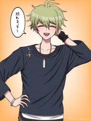 Rule 34 | 1boy, :d, amami rantaro, antenna hair, artist name, bracelet, danganronpa (series), danganronpa v3: killing harmony, ear piercing, earrings, facing viewer, gradient background, green hair, happy, highres, jewelry, long sleeves, male focus, messy hair, necklace, open mouth, orange background, piercing, ring, shirt, short hair, smile, solo, speech bubble, striped clothes, striped shirt, suiren yurei, teeth, translation request, upper teeth only, white background