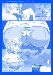 Rule 34 | 1boy, 2girls, blue theme, breasts, cleavage, cleavage cutout, clothing cutout, cloud, earrings, girls&#039; frontline, hair ornament, highres, jewelry, korean text, large breasts, monochrome, multiple girls, night, night sky, official alternate costume, parody, peagunz, rmb-93 (cross the milky way) (girls&#039; frontline), sky, sweatdrop, telescope
