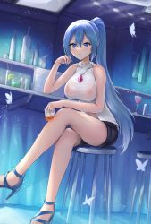 Rule 34 | 1girl, absurdres, alcohol, aoki hagane no arpeggio, arm up, bare legs, black shorts, blue eyes, blue footwear, blue hair, blush, breasts, bug, butterfly, cocktail glass, crossed legs, cup, drinking glass, full body, high heels, highres, holding, holding cup, insect, jewelry, legs, long hair, looking at viewer, medium breasts, necklace, open mouth, original, parted lips, ponytail, sauvignon, see-through, shirt, shorts, sitting, smile, solo, takao (aoki hagane no arpeggio), wet, wet clothes, wet shirt, white shirt