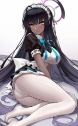 Rule 34 | 1girl, ahoge, ass, black dress, black hair, blue archive, blue bow, blue bowtie, blush, bow, bowtie, breasts, dark-skinned female, dark skin, dress, eternity (shadeh), gradient background, grey background, highres, karin (blue archive), large breasts, long hair, looking at viewer, maid, maid headdress, no shoes, pantyhose, pantylines, short dress, sitting, solo, thighs, very long hair, white pantyhose, yellow eyes