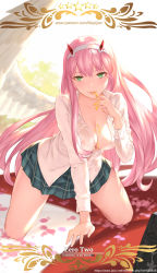 Rule 34 | 10s, 1girl, :p, angel wings, bag, blunt bangs, blush, breasts, buttons, cangkong, character name, cleavage, collarbone, collared shirt, covered erect nipples, darling in the franxx, day, dress shirt, dripping, eyeshadow, fingernails, food, full body, green eyes, green skirt, hairband, hand up, highres, holding, honey, horns, kneeling, large breasts, legs apart, long fingernails, long hair, long sleeves, looking at viewer, makeup, miniskirt, outdoors, petals, pink hair, plaid, plaid skirt, pleated skirt, school bag, see-through, shirt, skirt, solo, spread wings, straight hair, tongue, tongue out, tsurime, unbuttoned, unbuttoned shirt, very long hair, watermark, web address, white hairband, white shirt, white wings, wings, zero two (darling in the franxx)