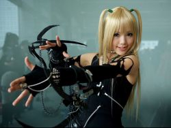 Rule 34 | 1girl, amane misa, amane misa (cosplay), asian, blonde hair, breasts, cosplay, cross, cross necklace, death note, fingerless gloves, gloves, happy, indoors, jewelry, kipi-san, long hair, looking at viewer, necklace, photo (medium), small breasts, smile, solo, two side up