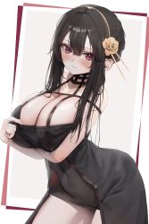 Rule 34 | 1girl, arms under breasts, bare shoulders, black dress, black hair, blush, breasts, cleavage, closed mouth, clothes pull, commentary, contrapposto, covered navel, cowboy shot, dress, dress pull, flower, gold hairband, hair flower, hair ornament, hairband, highres, huge breasts, large breasts, looking at viewer, poharo, red eyes, rose, sidelocks, sleeveless, sleeveless dress, solo, spikes, spy x family, standing, white background, yor briar
