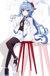 Rule 34 | 1girl, absurdres, ahoge, alternate costume, arm support, bar stool, black legwear, blue hair, commentary request, contemporary, full body, ganyu (genshin impact), genshin impact, h2so4-c, hair between eyes, high heels, highres, horns, id card, long hair, long sleeves, looking at viewer, office lady, pencil skirt, red eyes, sidelocks, simple background, sitting, skirt, smile, solo, stool, uniform, zoom layer