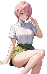 Rule 34 | 1girl, blue eyes, blush, breasts, closed mouth, collared shirt, commentary, go-toubun no hanayome, green skirt, gyunzai, highres, looking at viewer, medium breasts, nakano ichika, pink hair, school uniform, shirt, short hair, short sleeves, simple background, sitting, skirt, smile, solo, white background, white shirt