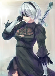 Rule 34 | 1girl, black dress, black hairband, blindfold, breasts, cleavage cutout, clothing cutout, covered eyes, dress, feather-trimmed sleeves, gloves, hair over eyes, hairband, juliet sleeves, long sleeves, medium breasts, mole, mole under mouth, nier:automata, nier (series), pink lips, puffy sleeves, sawa nao, short hair, side slit, silver hair, solo, sword, vambraces, weapon, weapon on back, 2b (nier:automata)